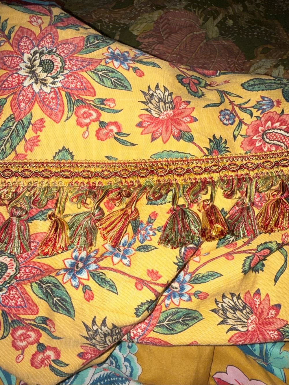 Beautiful Yellow Floral Lined Tassled Cotten Curtain